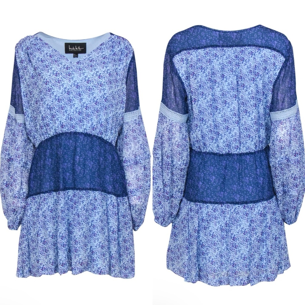 Nicole Miller Blue‎ Floral Silk Patchwork Peasant Dress
